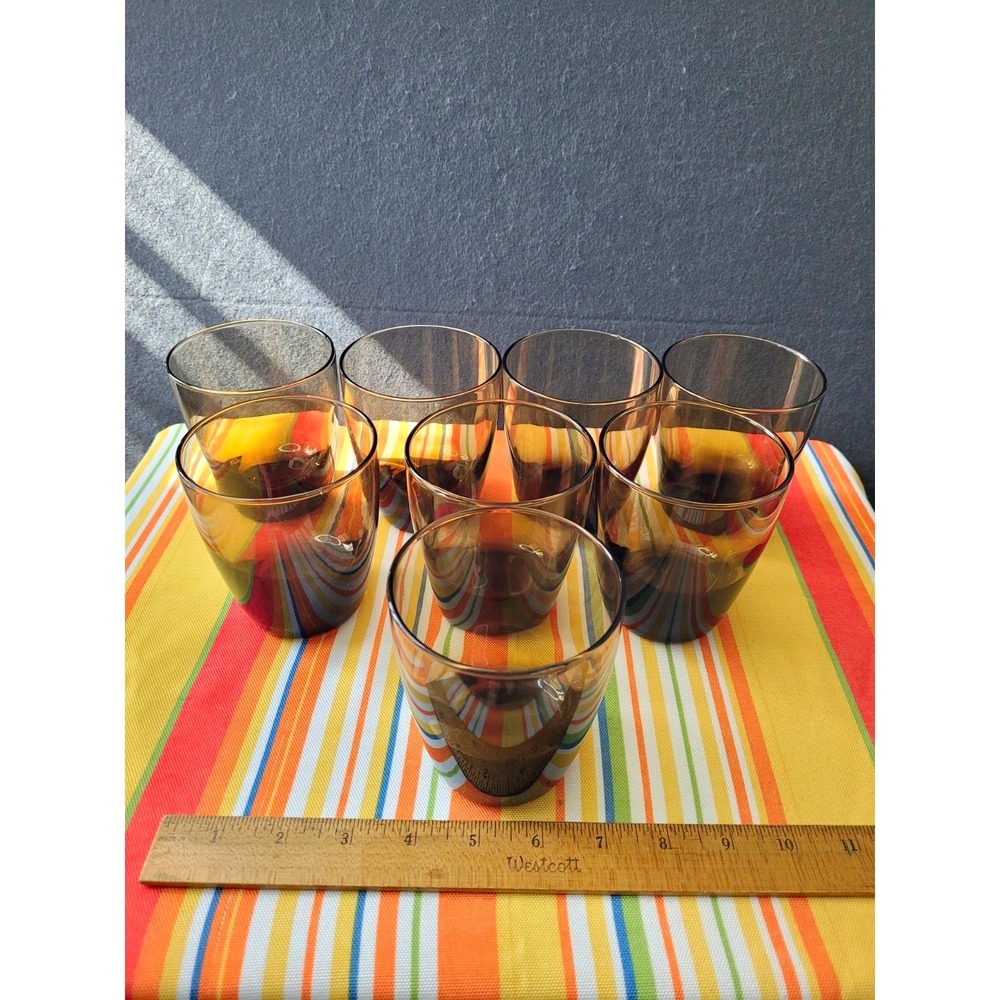 Mid-century Modern Amber Solid Bottom Round Drinking Glasses Set of 8